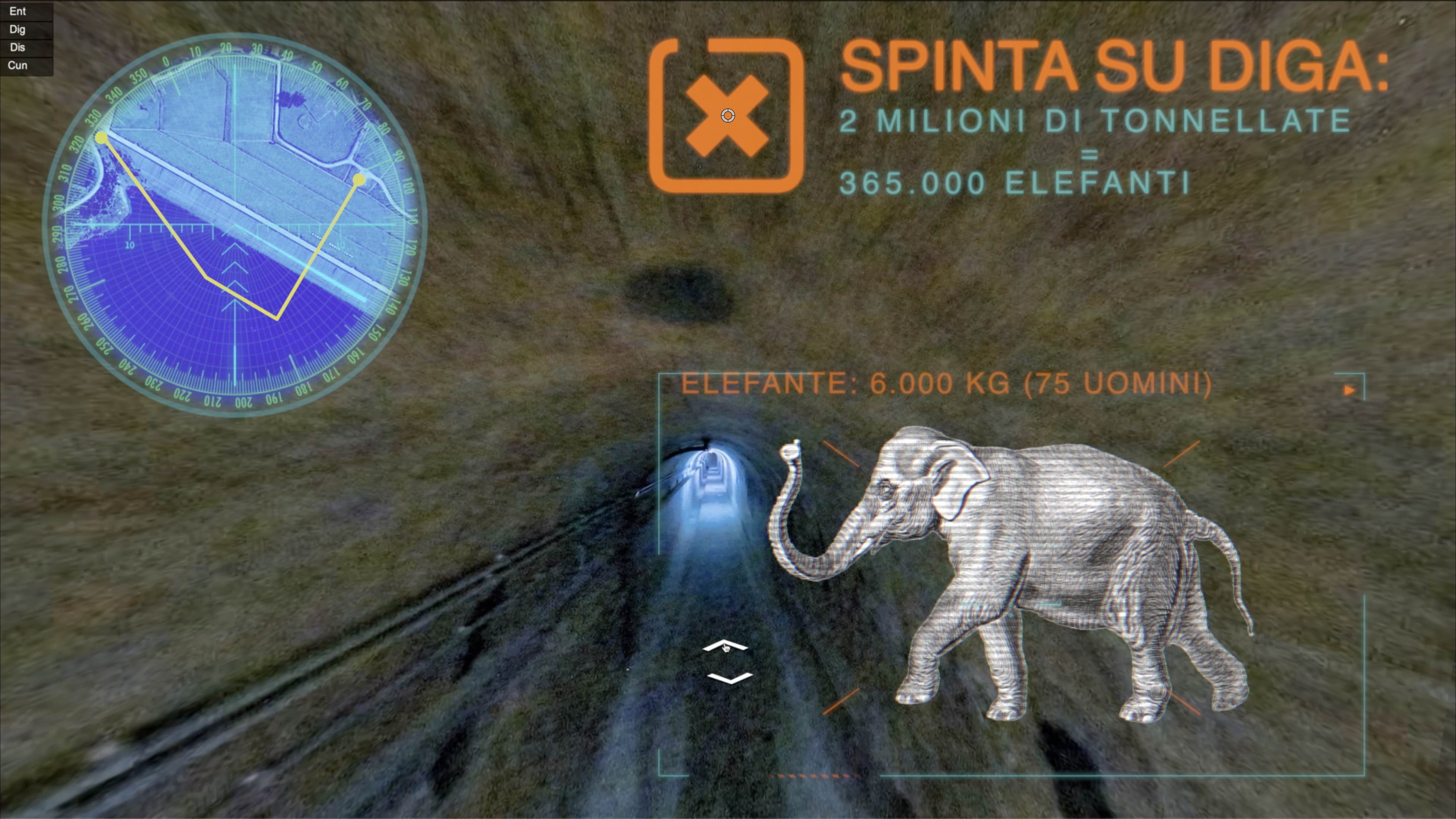 Fotogramma del viaggio virtuale nel tunnel di ispezione della diga dell'Alento